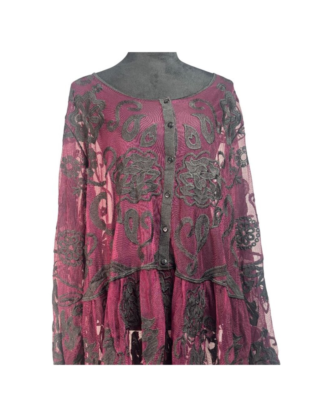 Lane Bryant Whimsigoth Sheer Lace Overlay Ruched Tunic Blouse Black Burgundy 30/